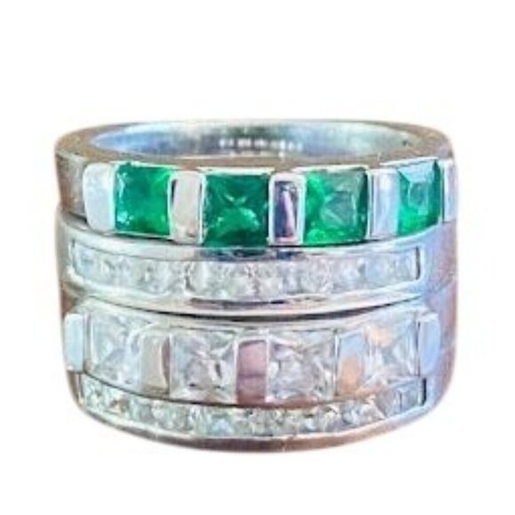Real Collectibles by Adrienne Interchangeable CZ Emerald Wedding Ring Set Size 7 - Picture 1 of 4